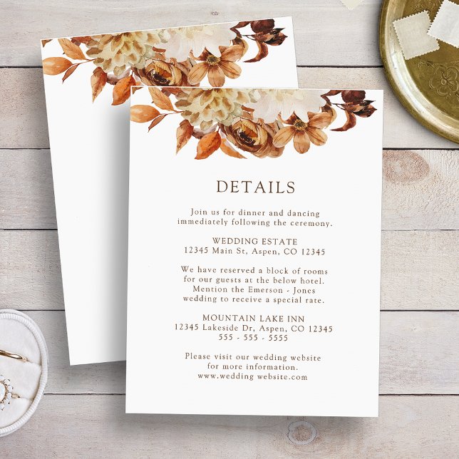 Vita Terrakotta Blommiga Bröllopsdetaljer Tilläggskort (White Fall Terracotta Floral Wedding Details Enclosure Card
)