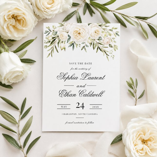 Vita trädgårdsrosor Bröllop Spara datumet Inbjudningar (Save your date with timeless white roses and elegant minimalist style.)