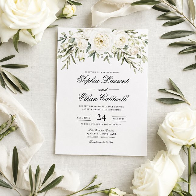 Vita trädgårdsrosor bröllopsinbjudan inbjudningar (White garden roses meet timeless elegance in this luxury wedding invitation.)