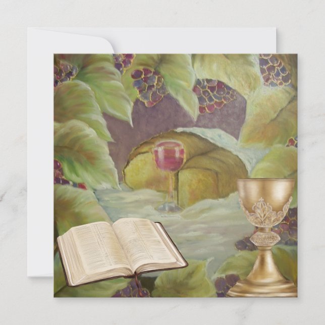 Vita trasa med vin och bröd, omgivet av grönt julkort (Framsida)