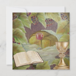 Vita trasa med vin och bröd, omgivet av grönt julkort