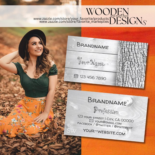 Vita träskivor Rustic Träd Bark med Monogram Visitkort (Skapare uppladdad)