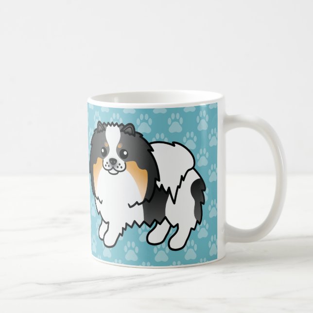 Vita trefärgade Pomeranian hundar på blå Kaffemugg (Höger)