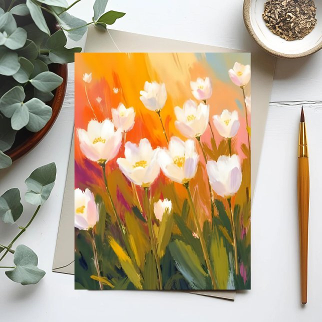 Vita tulpaner akrylmålade blomsterfält vykort (Skapare uppladdad)