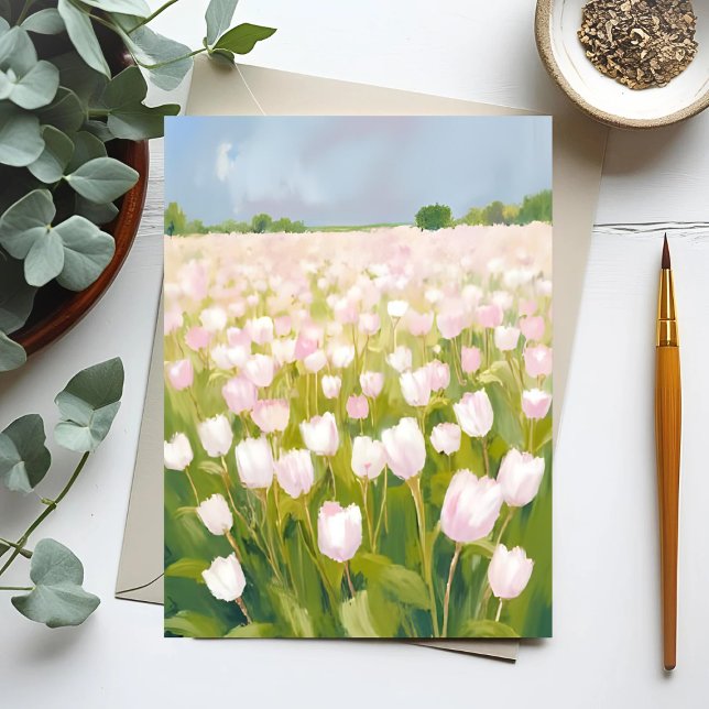 Vita Tulpaner Blomsterfält Målning Vykort (Skapare uppladdad)