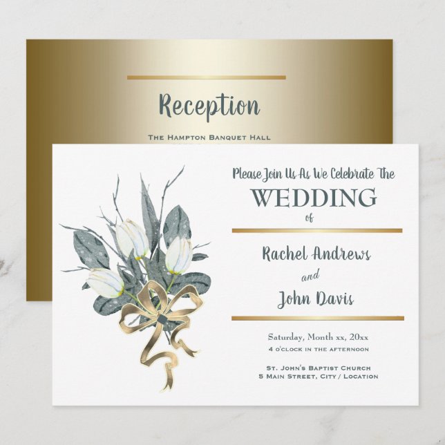 Vita tulpaner med Guld, bröllopsinbjudan Inbjudningar (Fram/baksida)