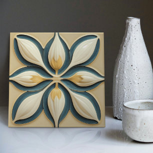 Vita tulpaner på Blue Symmetric Art Deco Kakelplatta