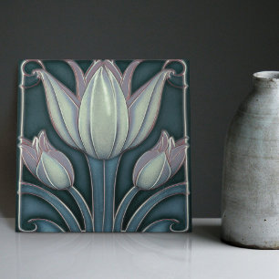 Vita tulpaner på Blue Symmetric Art nouveau Kakelplatta