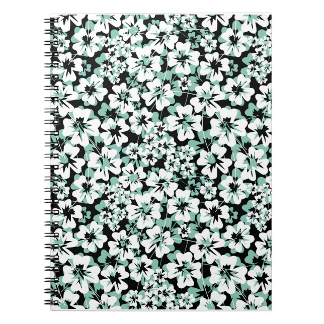 Vita, turkos blommor på svart. anteckningsbok (Framsidan)