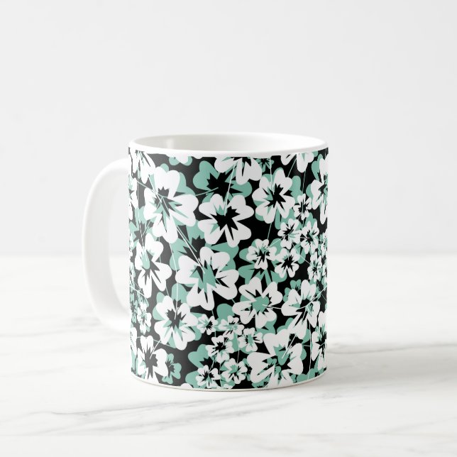 Vita, turkos blommor på svart. kaffemugg (Framsida vänster)