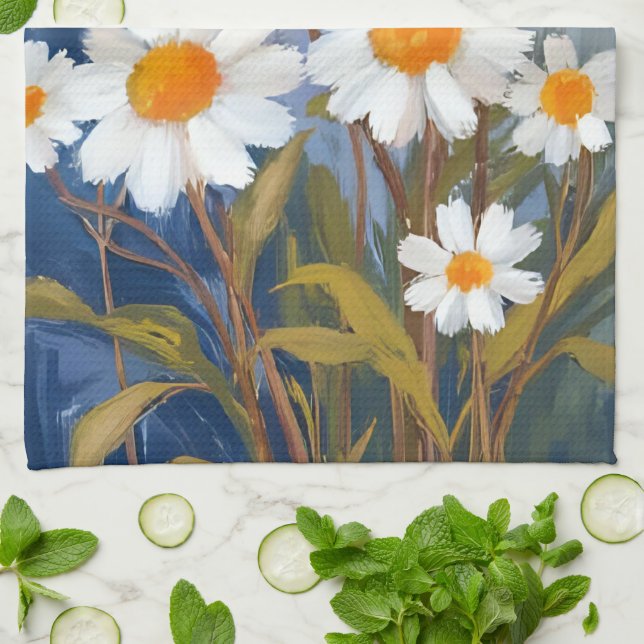 Vita tusenskönor akvarell blommor målade kökshandduk (Vikta)