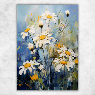 Vita tusenskönor på blått | Botaniskt blommotiv Poster