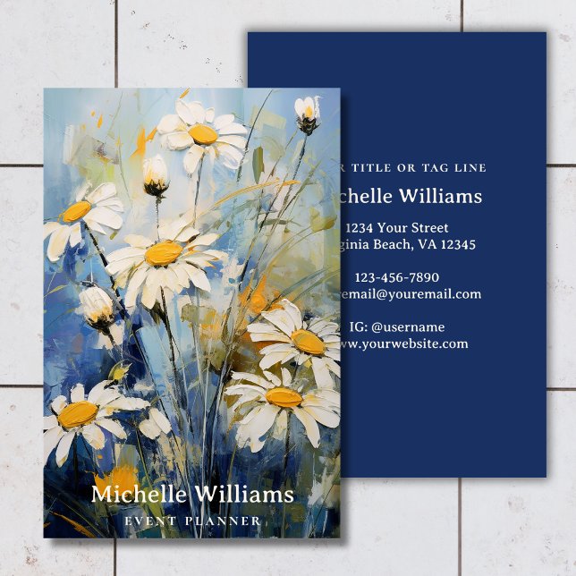 Vita tusenskönor på blått | Botaniskt blommotiv Visitkort (White Daisy Flowers on Blue | Botanical Floral Business Card)
