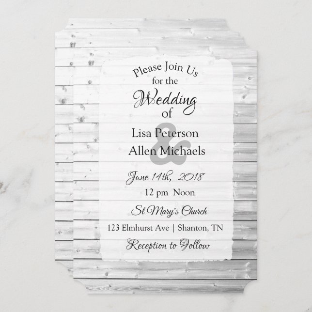 Vita Tvättat inbjudningar till Wood Wedding (Fram/baksida)