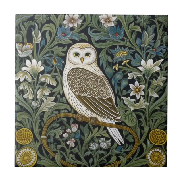 Vita uggla art nouveau stil kakelplatta (Framsidan)