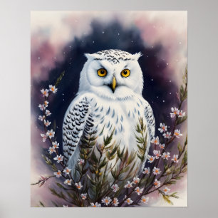 Vita Uggla Blommigt Natten Porträtt Poster