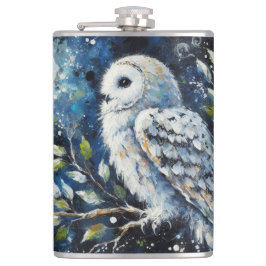 Vita Uggla på Gren i månljusmålning Fickplunta