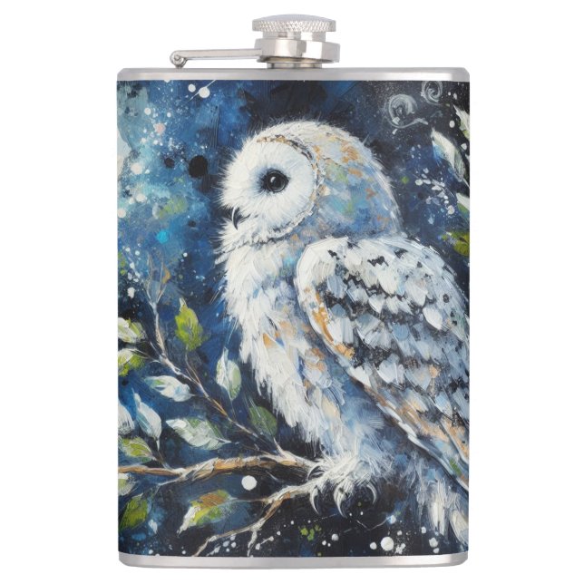 Vita Uggla på Gren i månljusmålning Fickplunta (Framsidan)