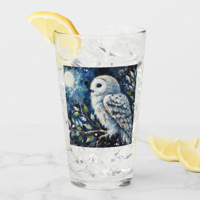 Vita Uggla på Gren i månljusmålning Glaskopp (Framsida Ice)