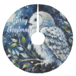 Vita Uggla på Gren i månljusmålning Julgransmatta Borstad Polyester