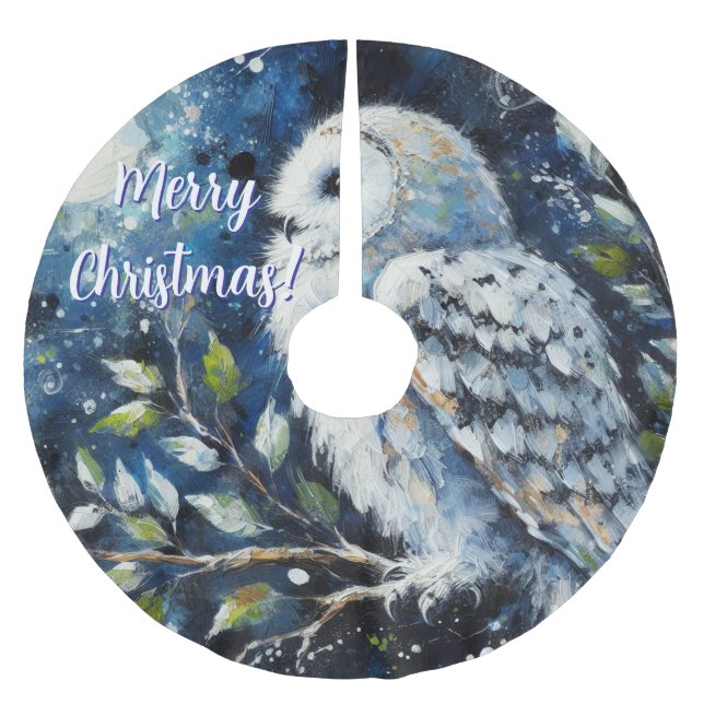 Vita Uggla på Gren i månljusmålning Julgransmatta Borstad Polyester (Framsidan)