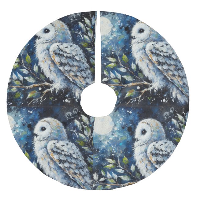 Vita Uggla på Gren i månljusmålning Julgransmatta Borstad Polyester (Framsidan)