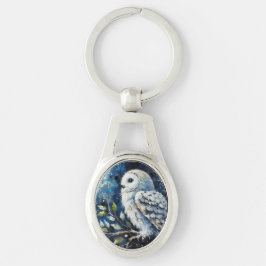 Vita Uggla på Gren i månljusmålning Ovalt Silverfärgad Nyckelring
