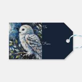 Vita Uggla på Gren i månljusmålning Presentetikett