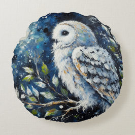 Vita Uggla på Gren i månljusmålning Rund Kudde