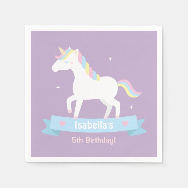 Vita Unicorn Girls Birthday Lila Party Supplies Pappersservett (Framsidan)