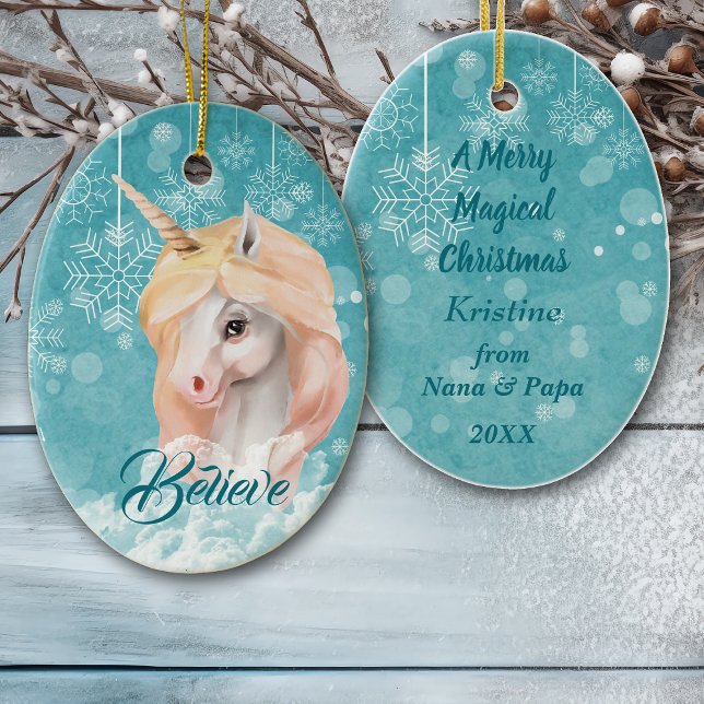 Vita Unicorn Teal Snowflake Tro jul Julgransprydnad Keramik (Skapare uppladdad)