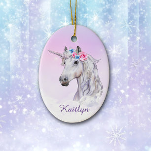 Vita Unicorns Blommigt tror Julgransprydnad Keramik