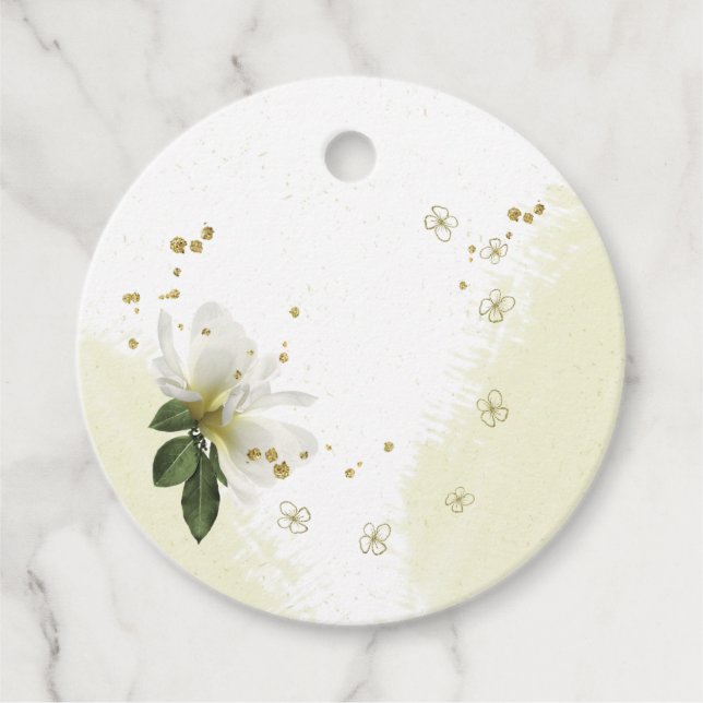 Vita, vackra guld-blommar, greenery-favoritmärke gåvor etiketter (Framsida)