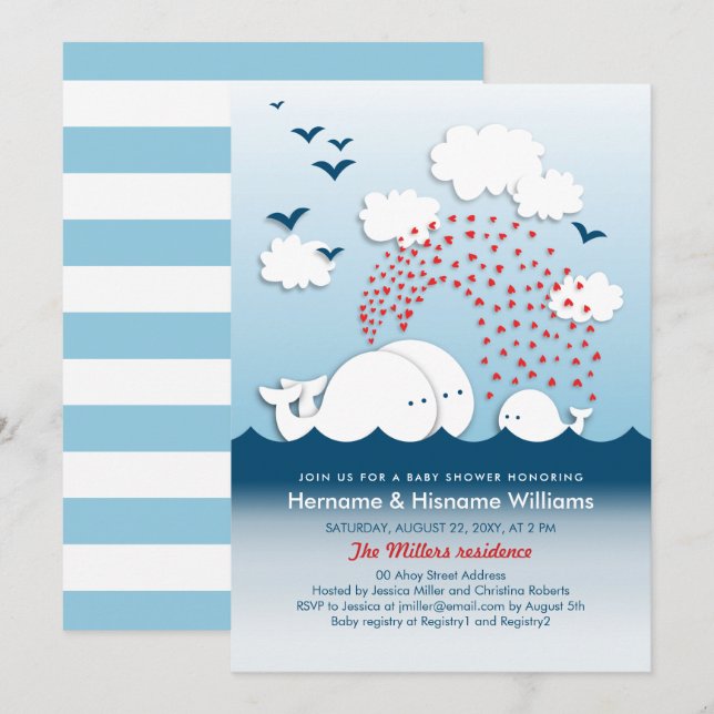 Vita valar Cute Par Baby Shower Inbjudan (Fram/baksida)