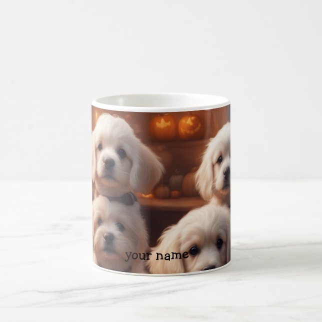 Vita valpar i köket på Halloween Kaffemugg (Center)