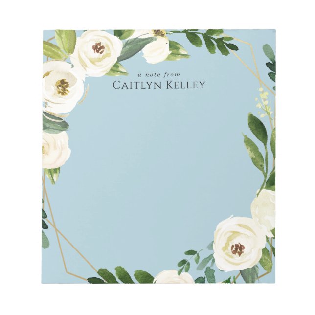 Vita vattenfärgsblommor, blå Personlig Anteckningsblock (Framsida)