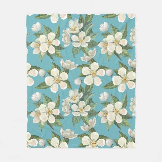 Vita vattenfärgsblommor, Grönt Löv Fleecefilt (Framsidan)