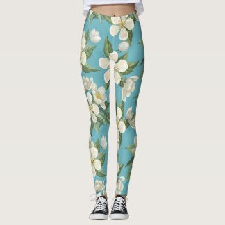 Vita vattenfärgsblommor, Grönt Löv Leggings