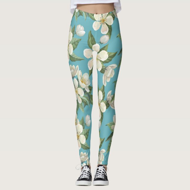 Vita vattenfärgsblommor, Grönt Löv Leggings (Framsida)