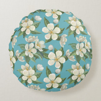 Vita vattenfärgsblommor, Grönt Löv Rund Kudde