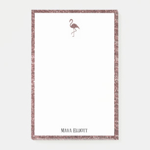 Vita vid Ro Guld Glitter Flamingo & Gräns, Namn Post-it Block