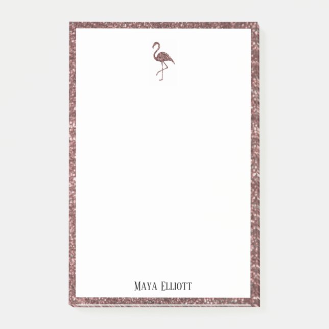 Vita vid Ro Guld Glitter Flamingo & Gräns, Namn Post-it Block (Framsida)