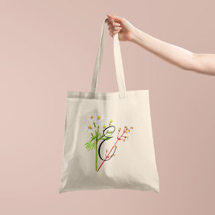 Vita vildblommor i akvarell med initial på 1 sida tygkasse