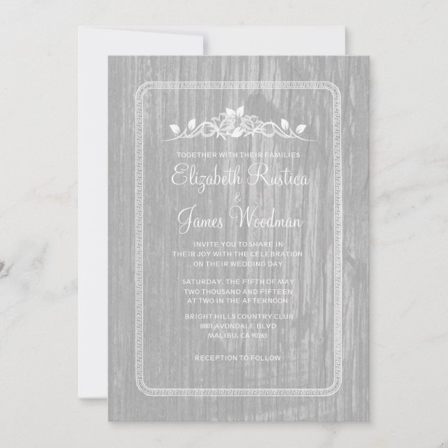 Vita Vintagen Barn Wood Wedding bjudits in Inbjudningar (Framsida)