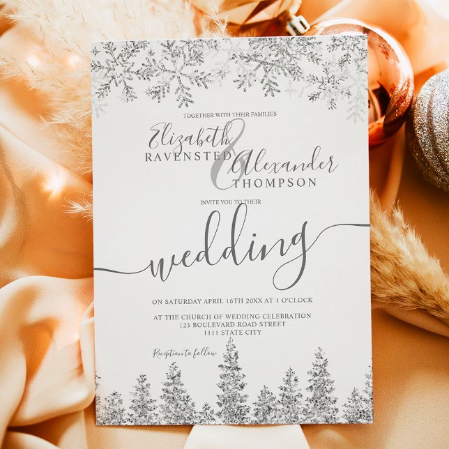 Vita vinterbröllopet silver snö gräs inbjudningar (Silver snow pine white Christmas winter wedding Invitation)