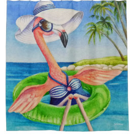 Vitaktig Beach Babe Flamingo nr 3 Vattenfärgskonst