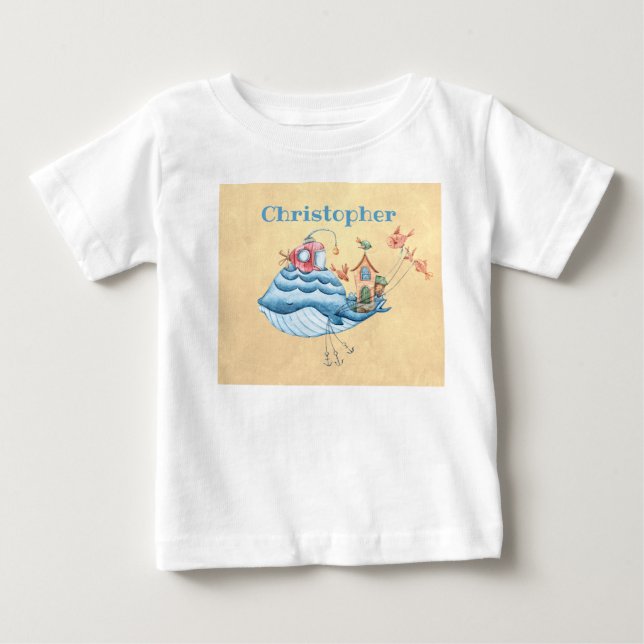 Vitaktig blåval, ubåt, hus och fisk t shirt (Framsida)