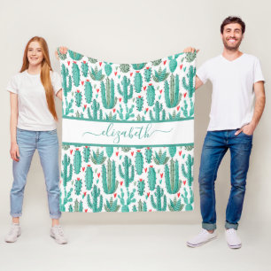 Vitaktig cykactus grönt vit mönster monogram fleecefilt