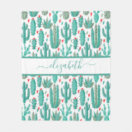 Vitaktig cykactus grönt vit mönster monogram fleecefilt