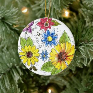 Vitaktig färgad Blomsterträdgård Julgransprydnad Keramik